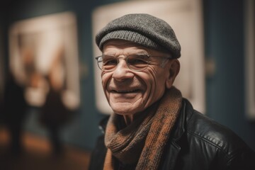 Portrait of an old man in a cap and scarf at the museum