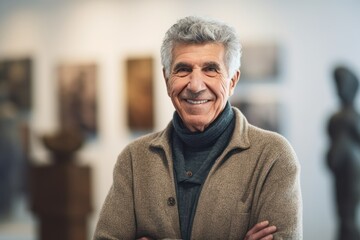 Medium shot portrait photography of a pleased man in his 60s wearing a cozy sweater against an art gallery or museum background. Generative AI - obrazy, fototapety, plakaty