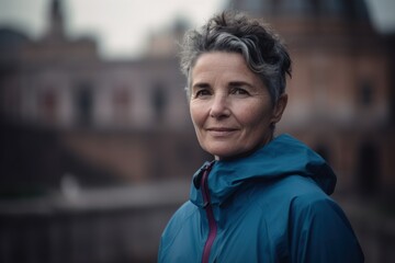 Portrait of a beautiful middle-aged woman with short hair in the city.