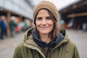 Fototapeta premium Portrait of smiling mature woman at train station. Focus on woman