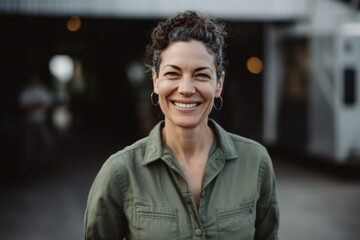 Fototapeta premium Group portrait photography of a grinning woman in her 40s wearing a trendy jumpsuit against a farm market or harvest background. Generative AI