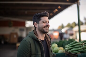 Portrait of smiling young man standing in vegetable stall at street market