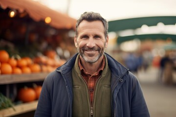 Portrait of handsome mature man standing in front of a market stall