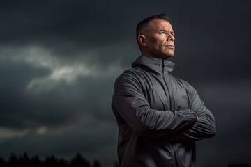Fototapeta premium Medium shot portrait photography of a pleased man in his 40s wearing a comfortable tracksuit against a dramatic stormy sky background. Generative AI