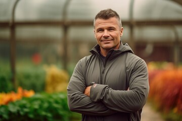 Portrait of a smiling man standing with arms crossed in a greenhouse