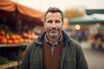 Fototapeta premium Portrait of handsome middle-aged man standing in front of a market stall