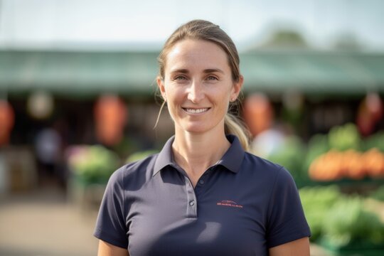 Medium shot portrait photography of a pleased woman in her 30s wearing a sporty polo shirt against a farm market or harvest background. Generative AI