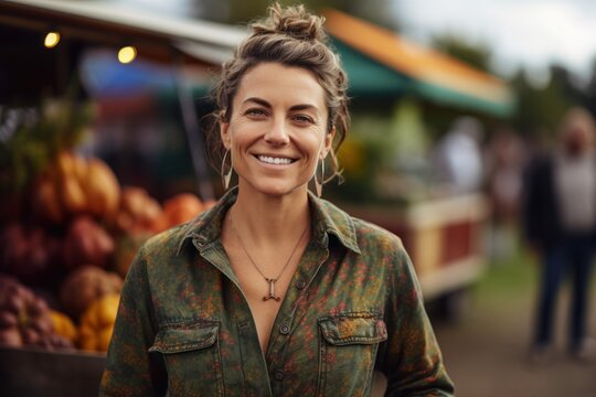 Group portrait photography of a grinning woman in her 40s wearing a trendy jumpsuit against a farm market or harvest background. Generative AI