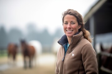 Portrait of a smiling woman standing in a horse stable with horses