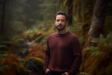 Portrait of a handsome bearded man in a red sweater standing in the forest
