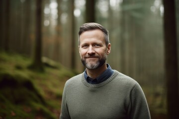 Portrait of a handsome man standing in a forest smiling at the camera