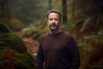 Portrait of a handsome bearded man standing in the forest in autumn