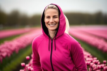 Pet portrait photography of a grinning woman in her 30s wearing a comfortable tracksuit against a flower field or tulip field background. Generative AI