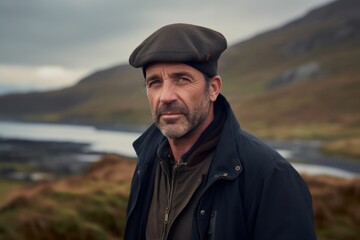 Portrait of a mature man wearing a cap and jacket standing in the Scottish Highlands