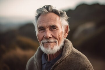 Portrait of a senior man with grey hair in the countryside.