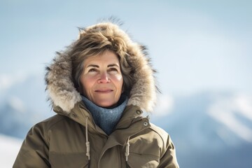 Fototapeta na wymiar Mature woman in winter jacket looking at camera on snowy mountains background