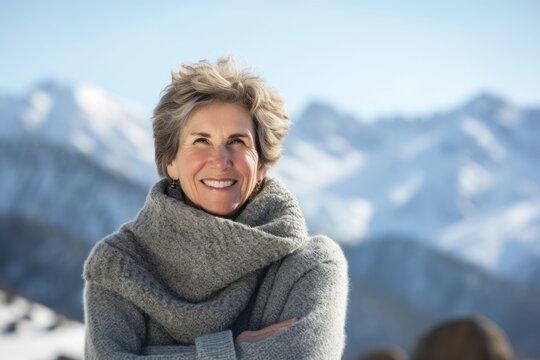 Portrait of smiling senior woman in winter clothes against snowy mountain range