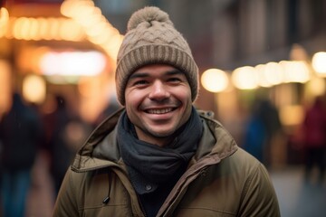 Portrait of a handsome young man smiling at the camera in the city
