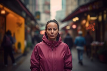 Young beautiful brunette woman in a pink jacket on a city street