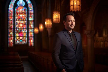Handsome man standing in front of a church stained glass window