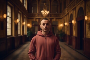 Portrait of a young man in a red hoodie standing in an old building.