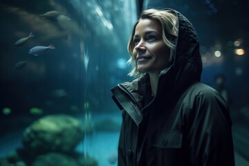 Fototapeta premium Portrait of a woman in a raincoat looking at the aquarium