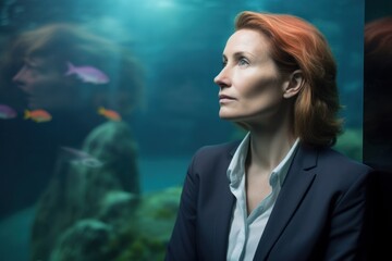 Portrait of a businesswoman looking at a fish tank in an aquarium