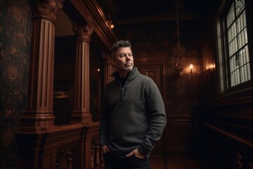 Portrait of a handsome man in the interior of an old mansion