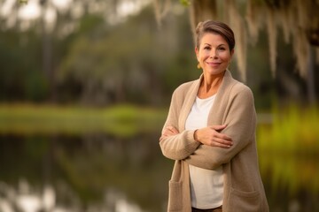 Portrait of a beautiful mature woman standing with arms crossed in a park