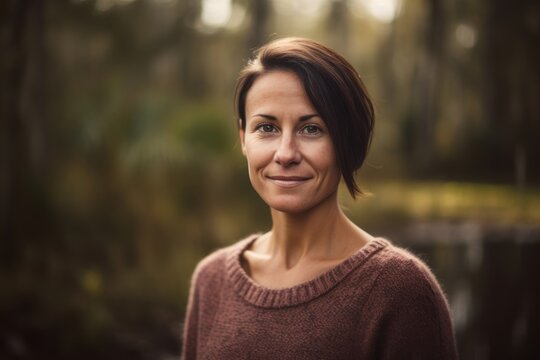 Headshot portrait photography of a satisfied woman in her 30s wearing a cozy sweater against a swampy or bayou background. Generative AI