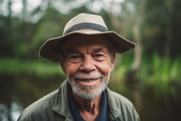 Naklejka na ściany i meble Portrait of senior man with hat on the nature background. Retirement concept.