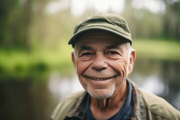 Naklejka na ściany i meble Portrait of smiling senior man in cap standing by river and looking at camera