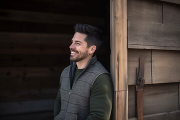 Fototapeta na wymiar Medium shot portrait photography of a pleased man in his 30s wearing a cozy sweater against a rustic barn or farm background. Generative AI