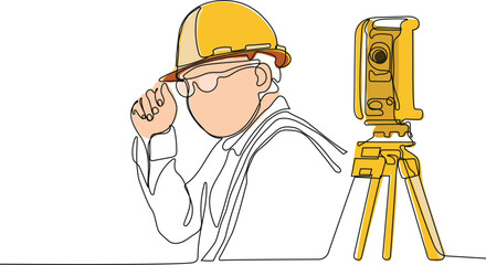 Close up of Caucasian worker with helmet on head using tablet for work while standing in warehouse. Surveyor with a tripod icon. Geodesic tripod. Vector illustration