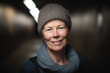 Portrait of a smiling middle-aged woman in a dark tunnel