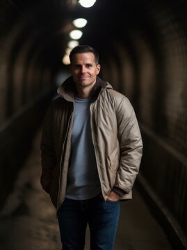 Portrait Of A Young Man Wearing Winter Jacket Standing In Tunnel