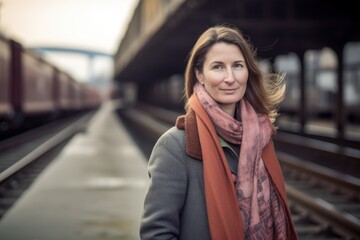 Obraz premium Portrait of a beautiful young woman at the train station in winter
