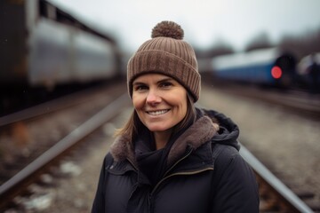 Portrait of a smiling woman standing on railroad tracks and looking at camera
