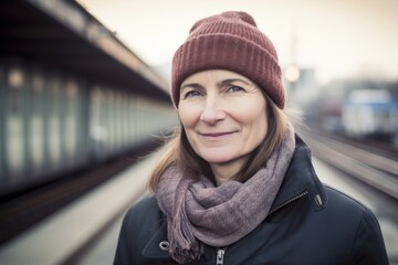 Portrait of mature woman in hat and scarf on the railway station