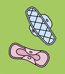 Eco friendly gaskets. Blue and pink hygiene element for women made from environmentally friendly materials. Periods and menstruation, cleanliness. Cartoon flat vector illustration