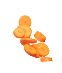 Carrot fresh fly float in Air turn to Cube dice and round slice shape. Beta Carotene orange color in Carrot is good health. Many Dice cube carrot flying throw up in Air. White background isolated