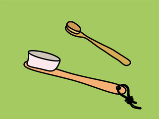 Eco friendly wooden brush. Teethbrush for oral hygiene and cavity. Sustainable lifestyle and bio items. Reducing emission of hazardous waste into atmosphere. Cartoon flat vector illustration
