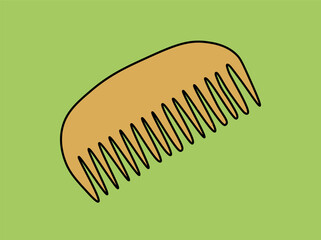Eco friendly wooden comb. Tool for combing hair and creating hairstyles. Recycle and reuse. Sticker for social networks and messengers. Care for planet. Cartoon flat vector illustration