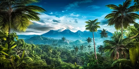 Fototapeten Mysterious jungle, palm trees and mountains at the top of hill with a mountain range around it, digital art © Viks_jin