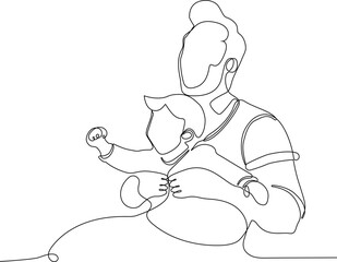 Hugs of a father with a child. One continuous line drawing banner, background, poster with family embrace. Happy Father Day simple vector illustration of child and father. Vector illustration