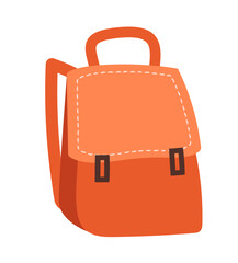 Red backpack concept. Inventory for schoolchildren and students. Backpack for hiking and active lifestyle. Sticker for social networks and messengers. Cartoon flat vector illustration