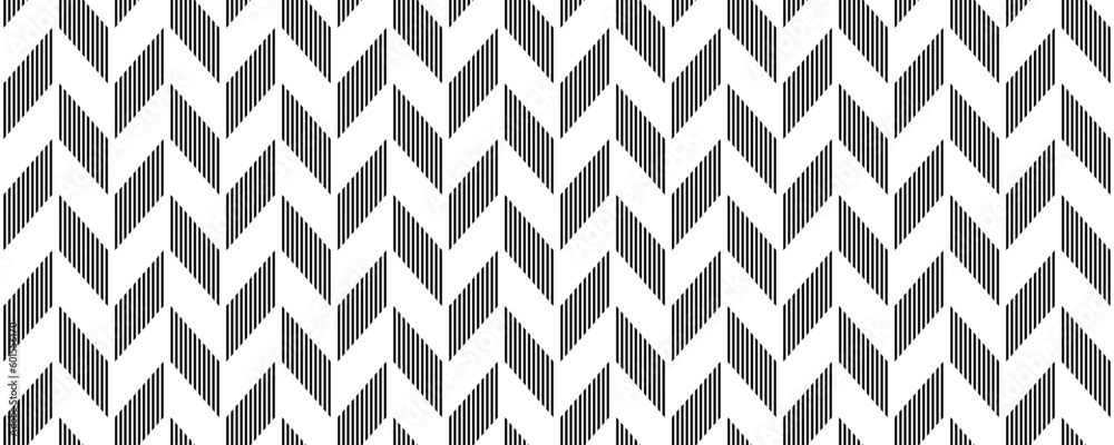Poster Herringbone seamless pattern. Black and white chevron background. Repeating zigzag texture with lines. Textile fabric print design swatch. Vector illustration and wallpaper template