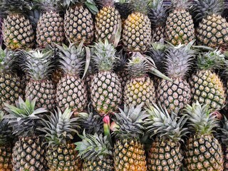 many pineapples set on shelves in the market.