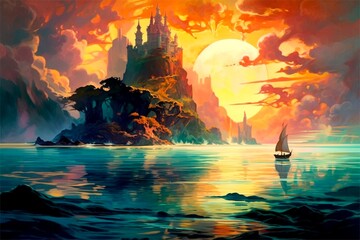 Fototapeta na wymiar sunset over the sea illustrated background, generative ai