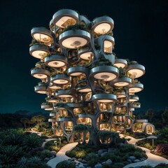 Landscape of a sci-fi futuristic architecture style vertical village residential building in nature, surrounded by lush deciduous vegetation, at night - Generative AI Illustration